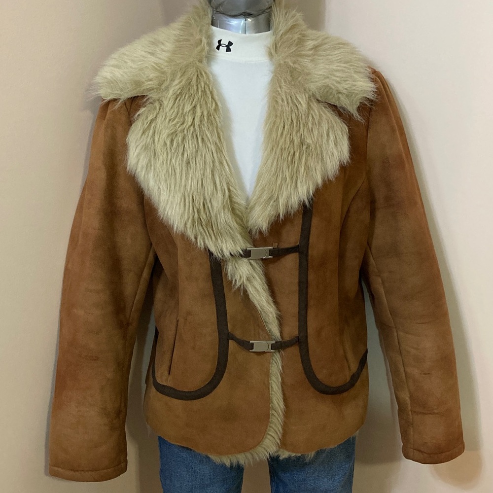 Brown Faux-Suede Jacket with Cream Fur Collar
